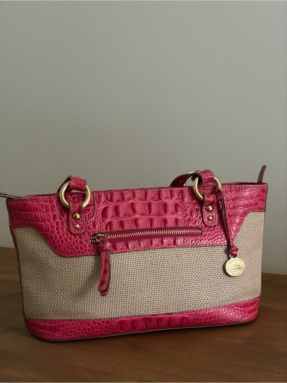 Vintage Brahmin Pink Croc Embossed Leather Straw Woven Tote Shoulder Bag 90s Y2K